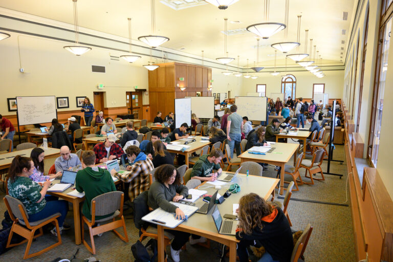 Calculus students study in the Great Hall of the TILT