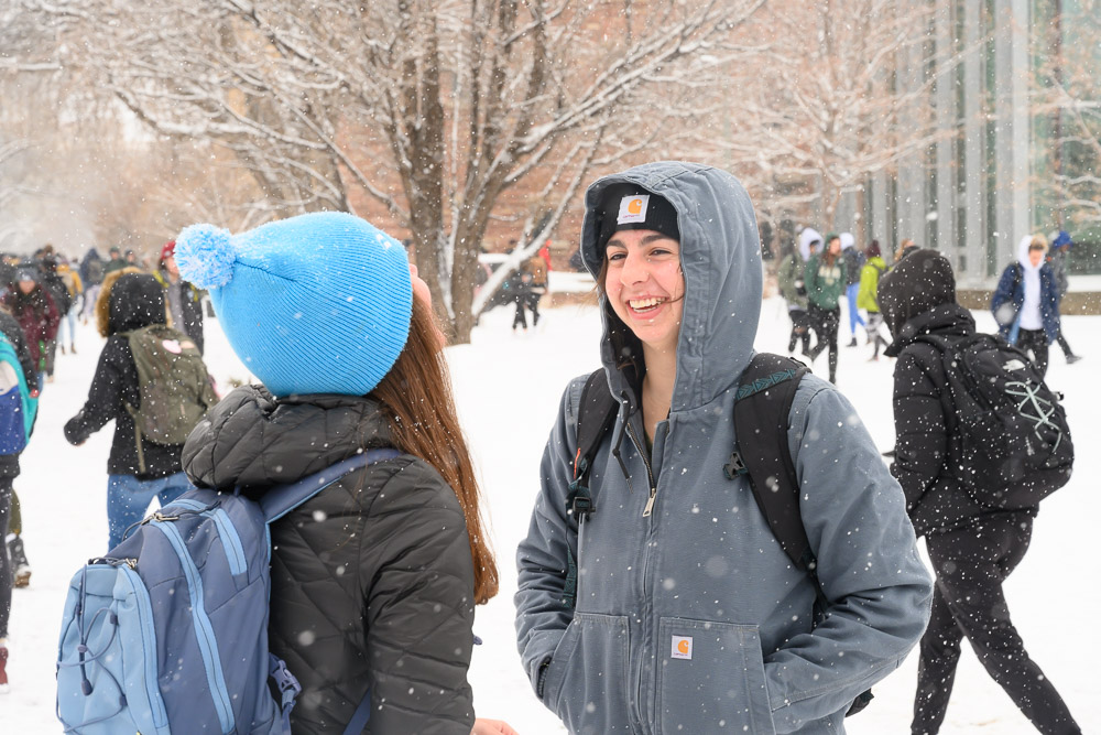 Students walk to class on a snowy winter day at Colorado State University