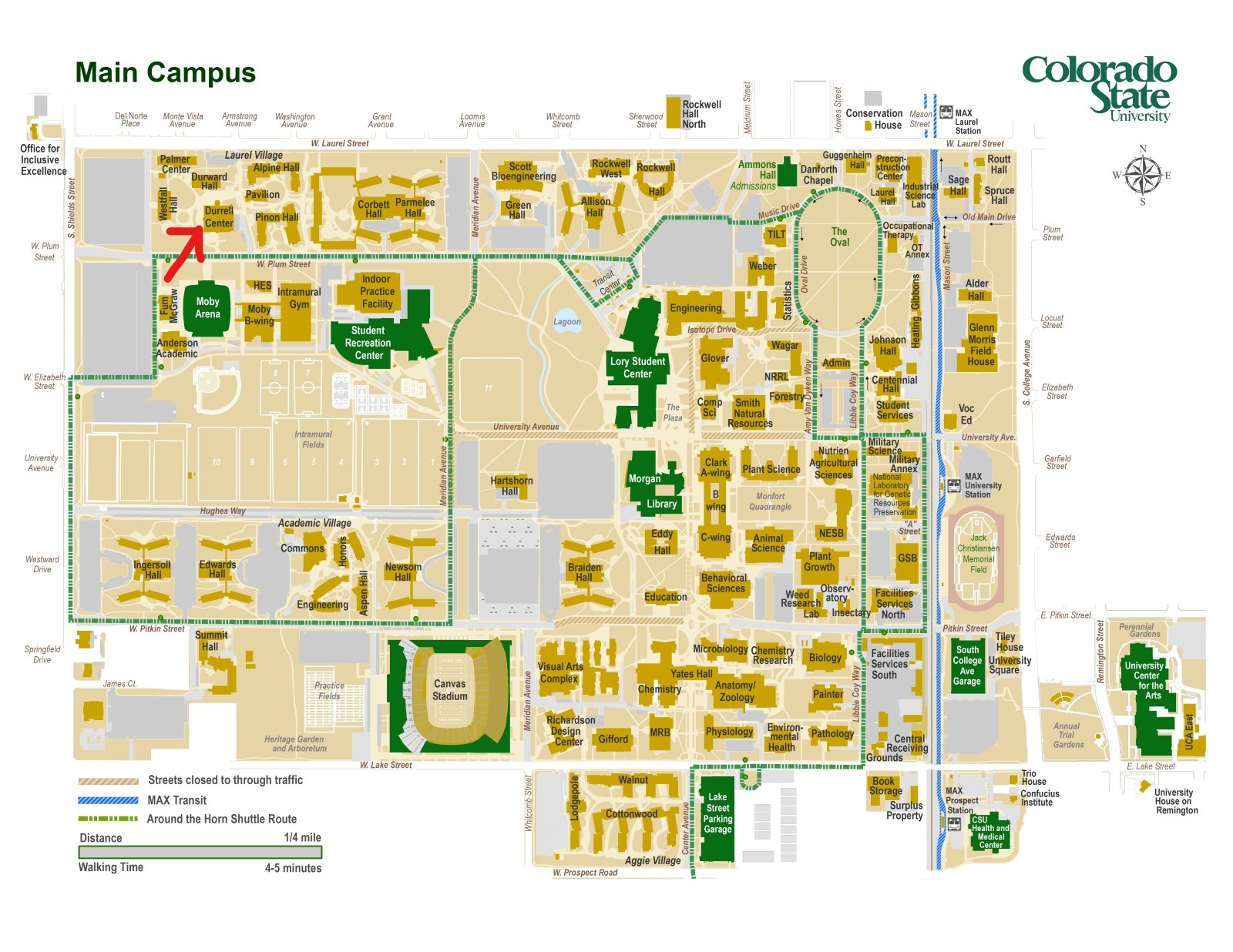 Colorado State University campus map with an arrow pointing to the durrell center