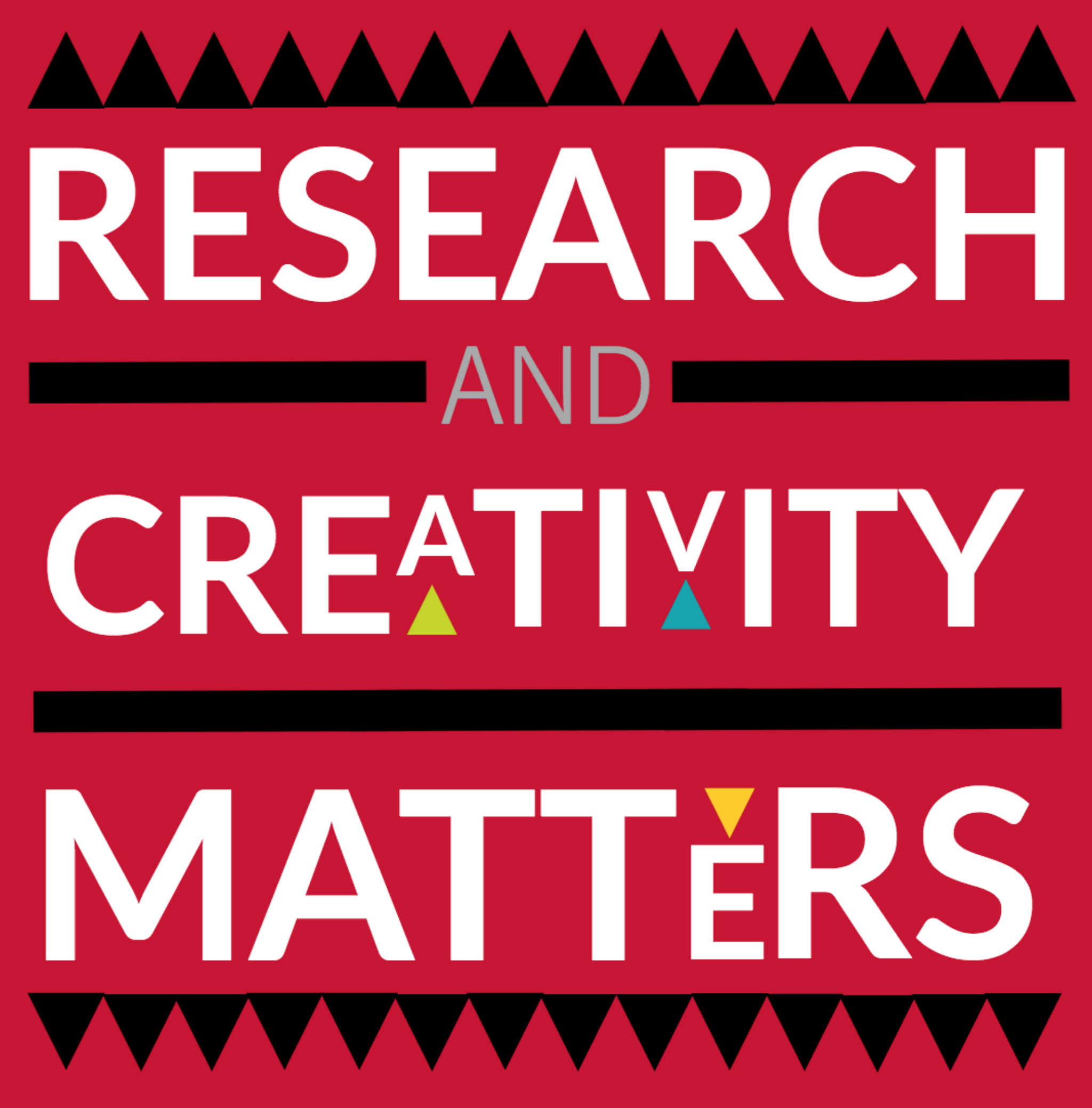 A red background with "Research and Creativity Matters" written on it
