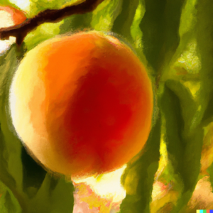 A peach on an orchard branch, impressionistic style, warm tones