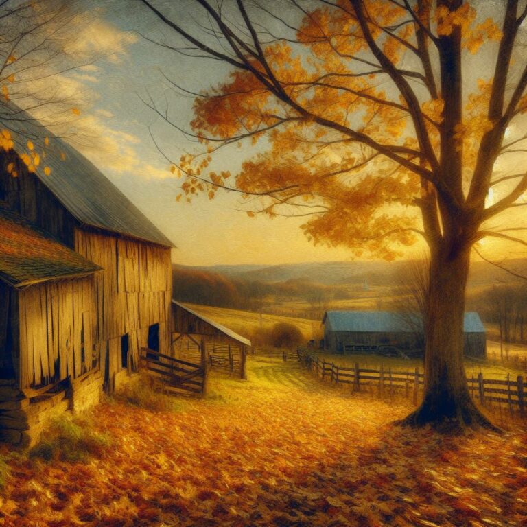 An impressionistic image of late fall on a rustic, rural farm with golden leaves on a tree next to a barn.