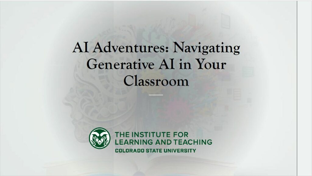 PowerPoint grey title slide for the "AI Adventures. Navigating Generative AI in Your Classroom" session with the TILT Unit ID below it