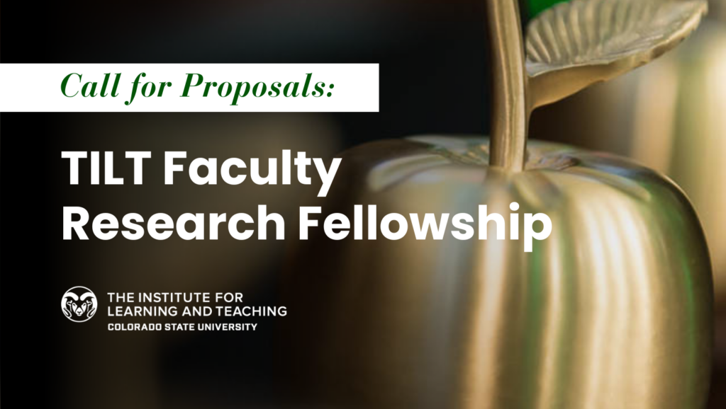 Gold apple trophy background with the words "Call for proposals: TILT Faculty Research Fellowship" on top