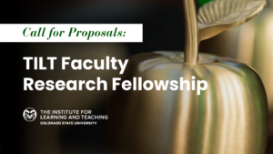 Gold apple trophy background with the words "Call for proposals: TILT Faculty Research Fellowship" on top