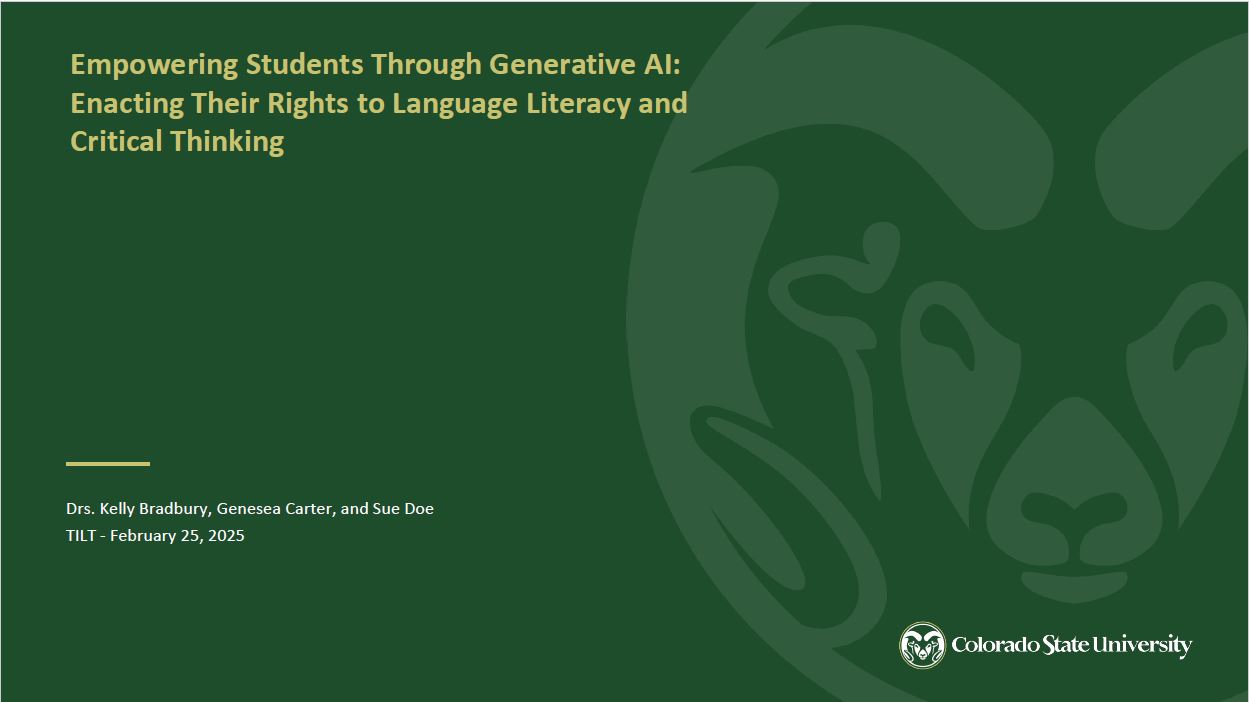 PowerPoint title slide saying "Empowering Students through Generative AI: Enacting Their Rights to language literacy and critical thinking" by Drs. Kelly Bradbury, Genesa Carter, and Sue Doe on February 25, 2025