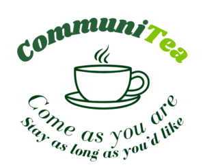 CommuniTea symbol of a warm coffee cup with the words "Come as you are, stay as long as you'd like" underneath