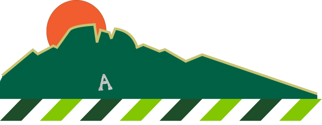 Green mountain with orange sun over the peak