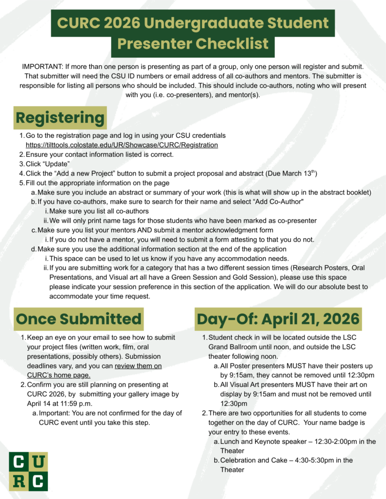 IMPORTANT: If more than one person is presenting as part of a group, only one person will register and submit. That submitter will need the CSU ID numbers or email address of all co-authors and mentors. The submitter is responsible for listing all persons who should be included. This should include co-authors, noting who will present with you (i.e. co-presenters), and mentor(s).