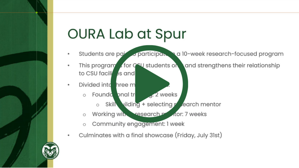 Screenshot of OURA Lab at Spur 2026 Information session from February 16, 2026 with a play button on top