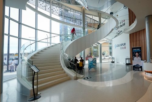 Stairway in the main entryway of CSU Spur's Campus