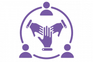 powered purple icon of three people in a circle and their hands in touching in the middle