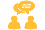 sunshine yellow icon of two individuals talking to eachother